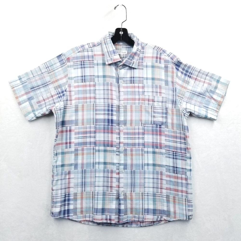 Peter Millar Shirt Men Large Cotton Cabana Madras Patchwork Button Short Sleeve